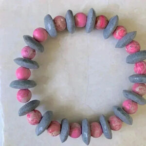 Bracelet with gray and pink jasper and recycled glass beads stretchy, 7 1/2”